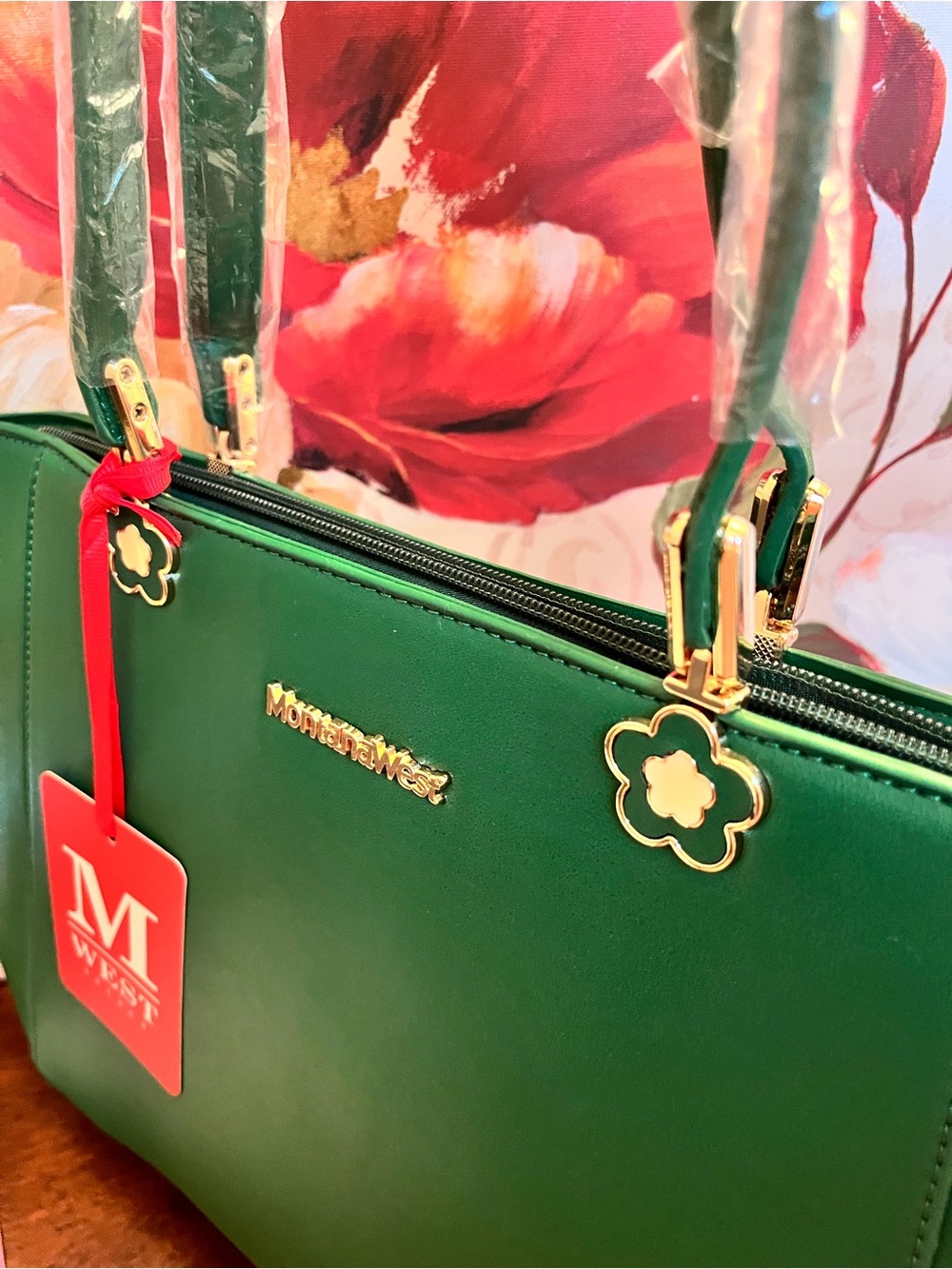 Montana West Emerald Green Tote with Top Handles & Flower Hardware (NWT) - Picture 7 of 12